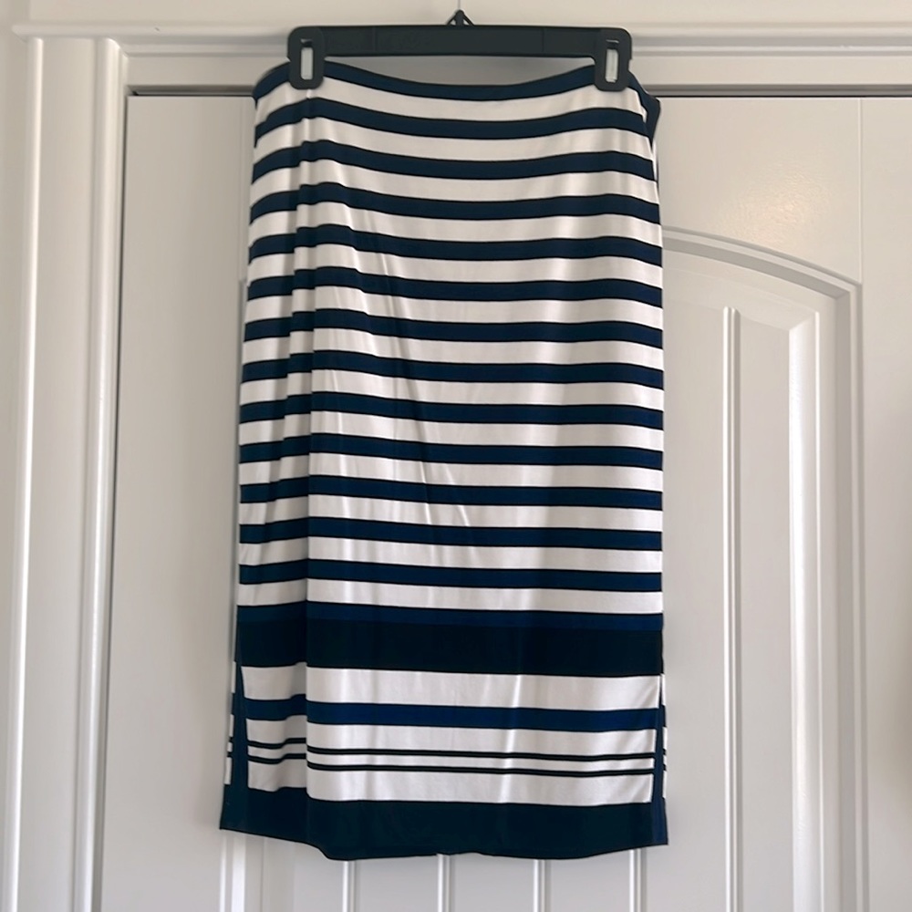 Navy white and black striped skirt long knit, pencil skirt with lining.